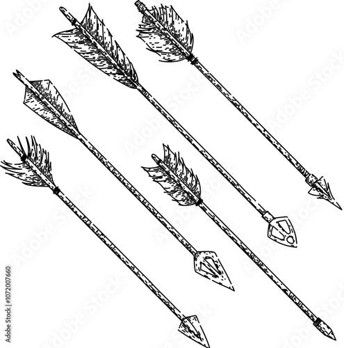 arrow set hand drawn. classic collectible, traditional old, fashioned timeless arrow vector sketch. isolated black illustration