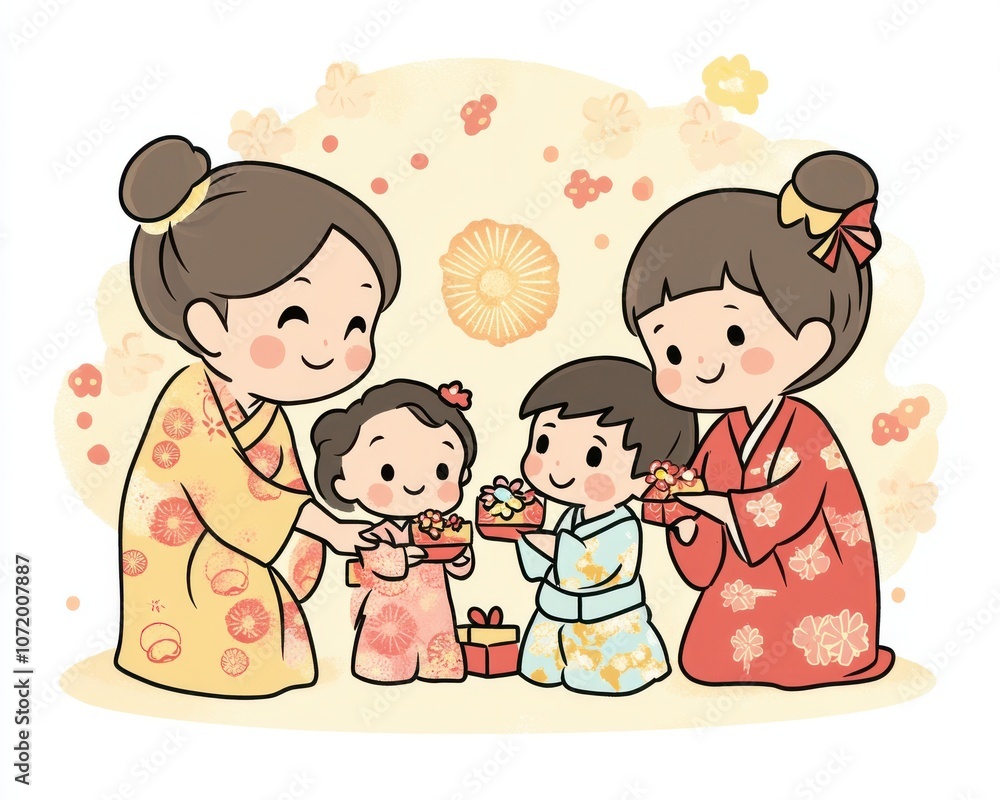 Happy family celebrating a traditional event in colorful Japanese kimonos.