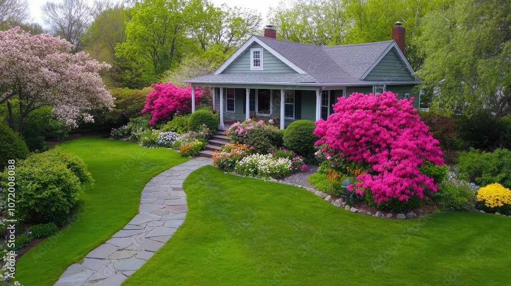 Aerial view of a suburban front lawn, with a stone path leading to the front porch, surrounded by blooming flowers. Aerial view of a suburban front lawn, with a stone path leading to the front porch, surrounded by blooming flowers.