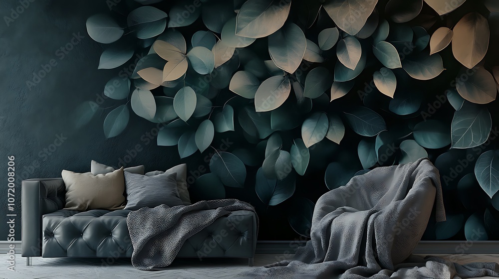 Obraz premium A dark living room with a couch and armchair in front of a wall decorated with a botanical wallpaper.