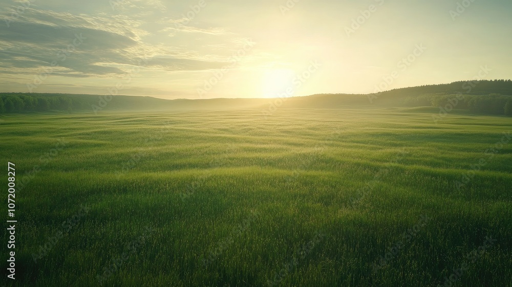 Obraz premium Aerial view of a vast field of green grass under soft sunlight, creating a peaceful and serene scene.