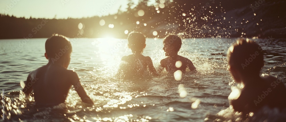 Children laughing and splashing under the golden glow of sunset in a tranquil lake, embodying pure joy and the carefree spirit of childhood. Children laughing and splashing under the golden glow of sunset in a tranquil lake, embodying pure joy and the carefree spirit of childhood.