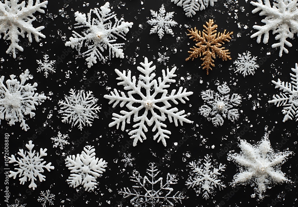 Elegant Group of Snowflakes on a Black Background. Elegant Group of Snowflakes on a Black Background.