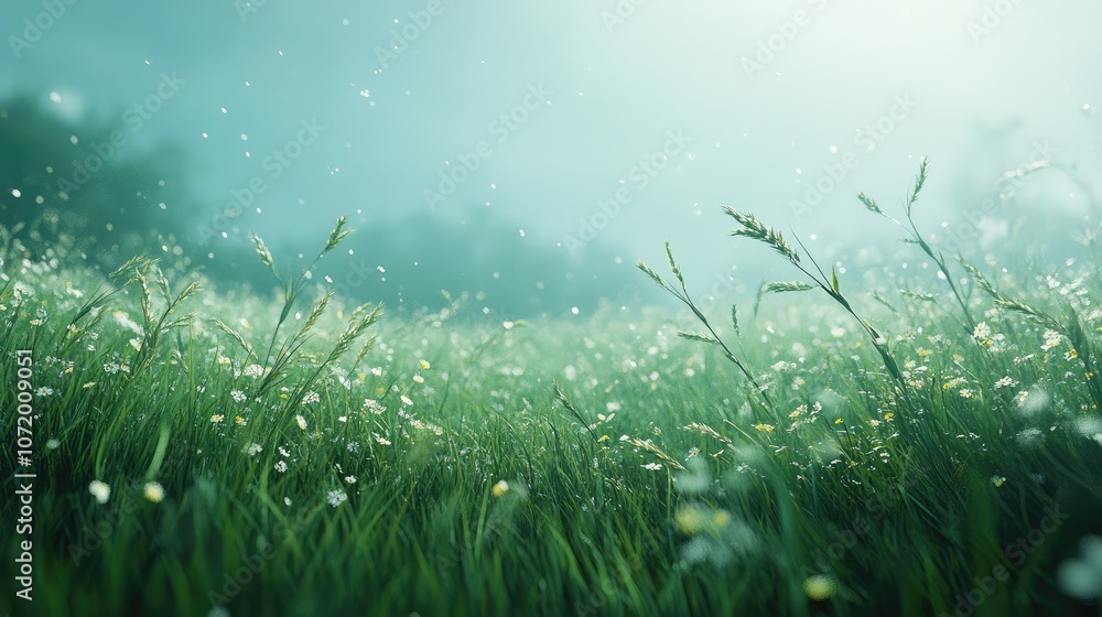 Obraz premium Close-up of grass blades in a wide field, gently bending under a light breeze, with a soft blur of wildflowers.