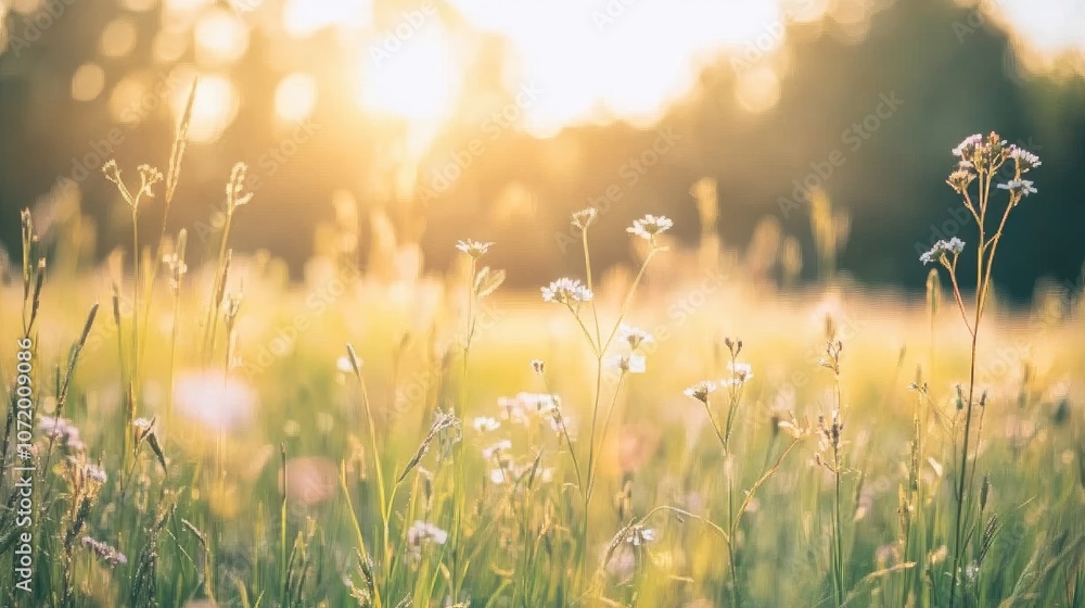Fototapeta premium Close-up of grass blades in a wide field, gently bending under a light breeze, with a soft blur of wildflowers.