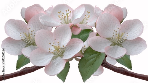 Close up view of white and pink apple tree flowers with green leaves on a branch against a plain background with space for adding text or other elements copy space image