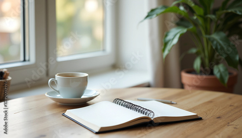 A cozy morning at home with a notebook and steaming cup of coffee beside a bright window reflecting tranquility and creativity