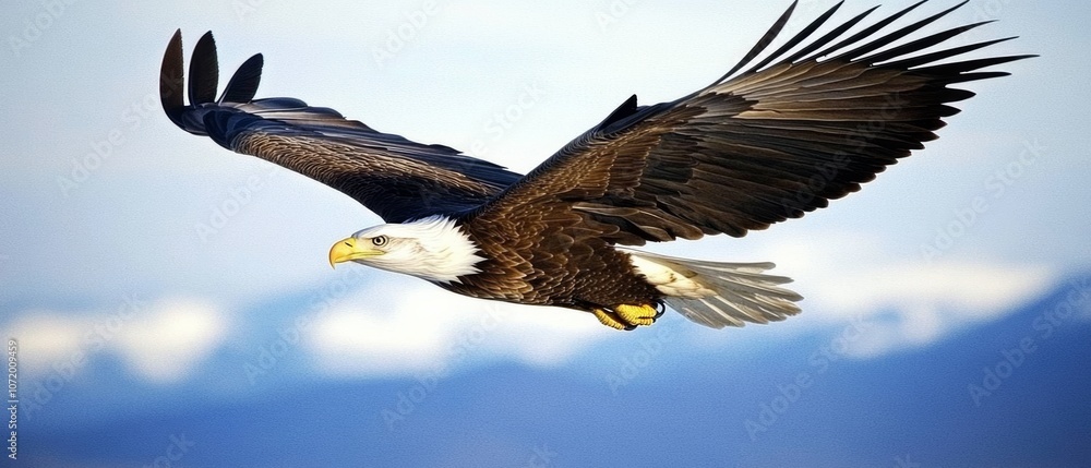 Fototapeta premium A majestic eagle soars over snowy peaks, showcasing freedom and power against a blue sky.