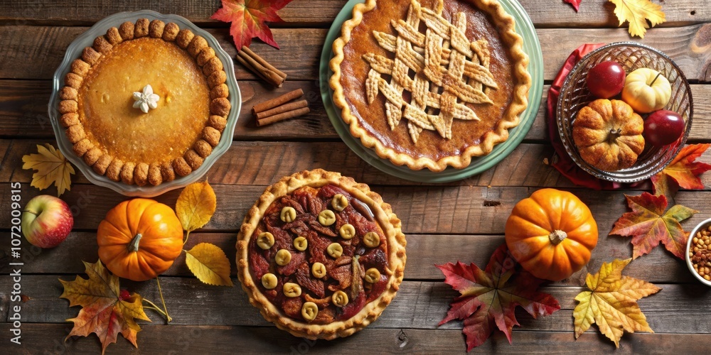 A rustic wooden table adorned with a selection of freshly baked pies, autumnal leaves, and miniature pumpkins, a symphony of flavors and textures for the season. A rustic wooden table adorned with a selection of freshly baked pies, autumnal leaves, and miniature pumpkins, a symphony of flavors and textures for the season.