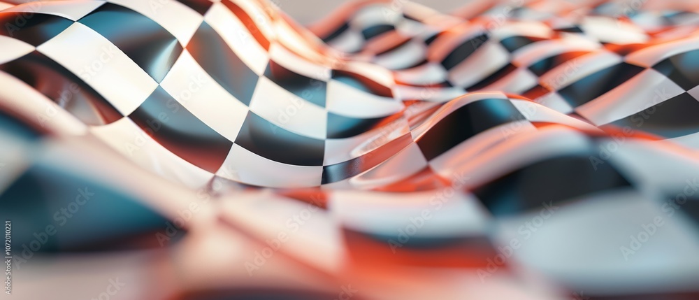 Obraz premium Bold, rippling checkered pattern in black and white, evoking a sense of dynamic movement and speed.