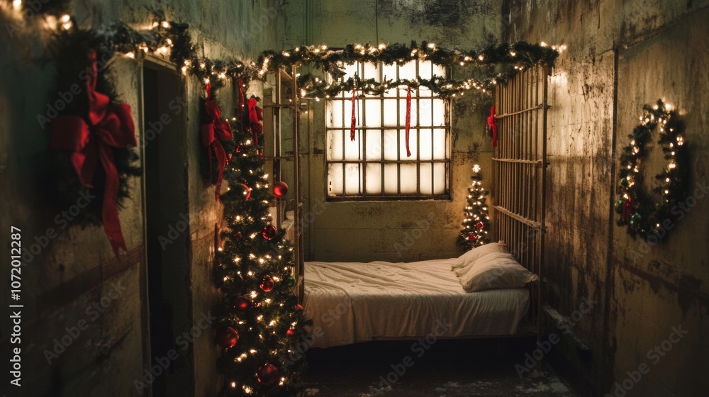 inside a prison decorated with Christmas decorations inside a prison decorated with Christmas decorations