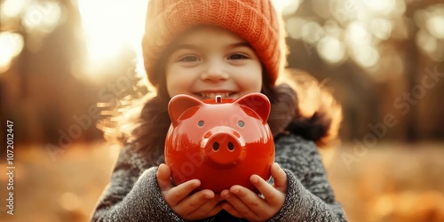 A child clutches a vibrant red piggy bank, symbolizing personal savings.