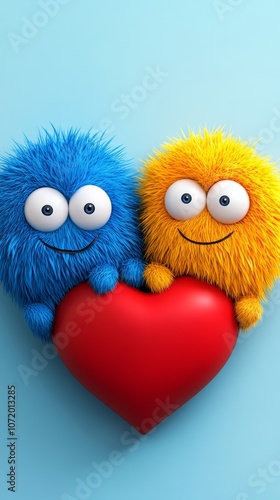 Two fuzzy animals are holding a red heart. The heart is surrounded by the fuzzy animals, making it the center of attention. Concept of warmth and affection