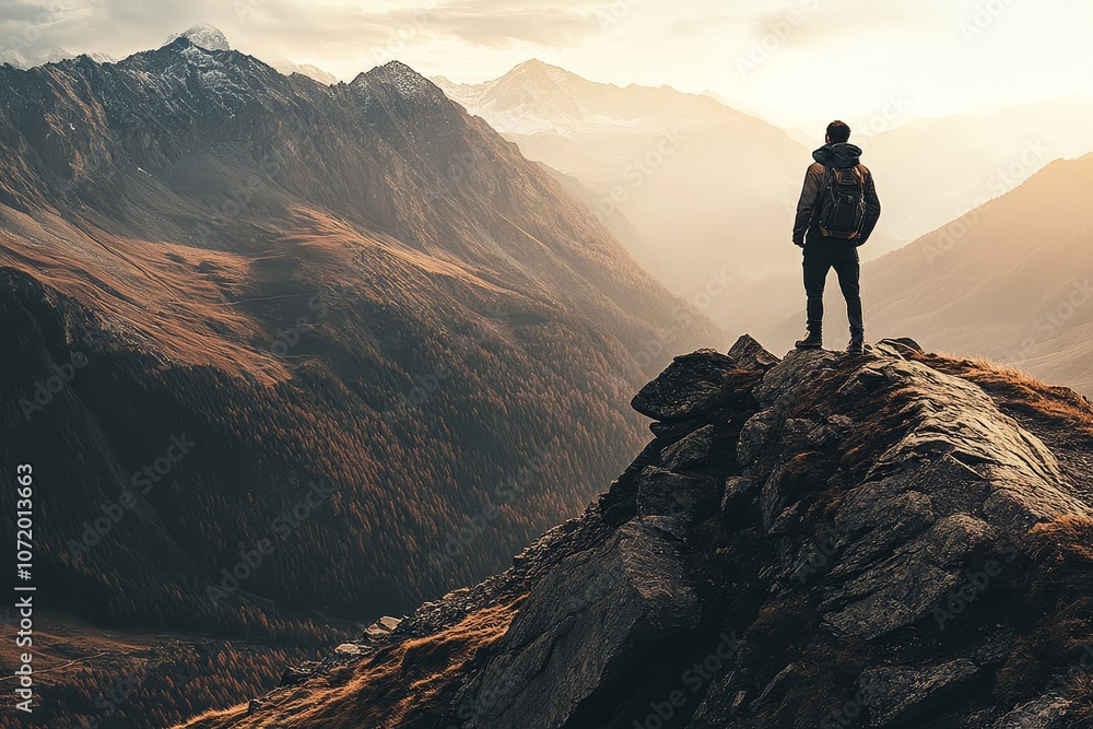Embracing the beauty of nature, he enjoys the breathtaking mountain view. Embracing the beauty of nature, he enjoys the breathtaking mountain view.