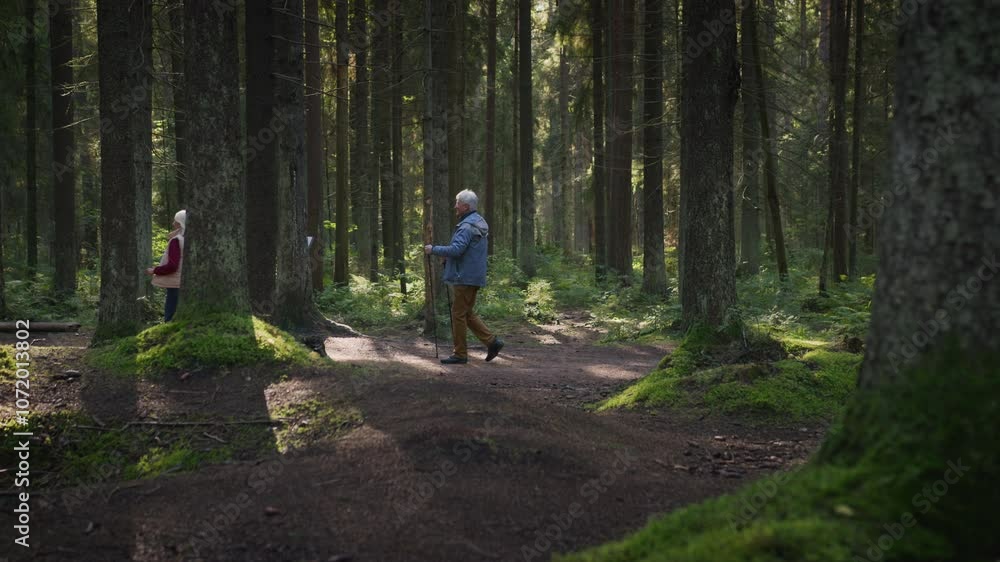 Positive senior man Nordic walking with sticks and cheerful aged woman running on forest trail, doing active lifestyle due health caring. Energetic elderly retirement people greet each other smiling Positive senior man Nordic walking with sticks and cheerful aged woman running on forest trail, doing active lifestyle due health caring. Energetic elderly retirement people greet each other smiling