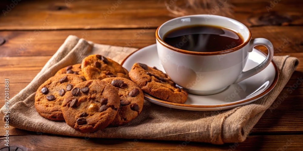 A close-up of a cup of coffee and a plate of chocolate chip cookies on a rustic wooden table, with a soft brown napkin underneath A close-up of a cup of coffee and a plate of chocolate chip cookies on a rustic wooden table, with a soft brown napkin underneath