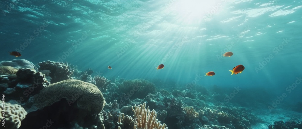 Fototapeta premium Sunlight pierces through the ocean surface, illuminating a tranquil underwater coral landscape with small, drifting fish.