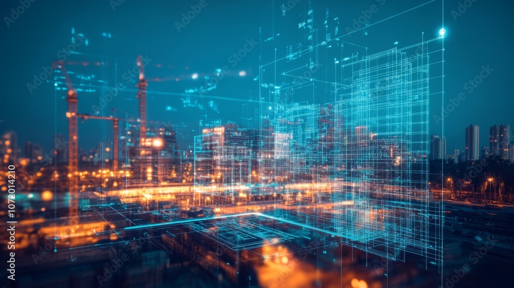 Digital Blueprint and Urban Landscape at Night Digital Blueprint and Urban Landscape at Night