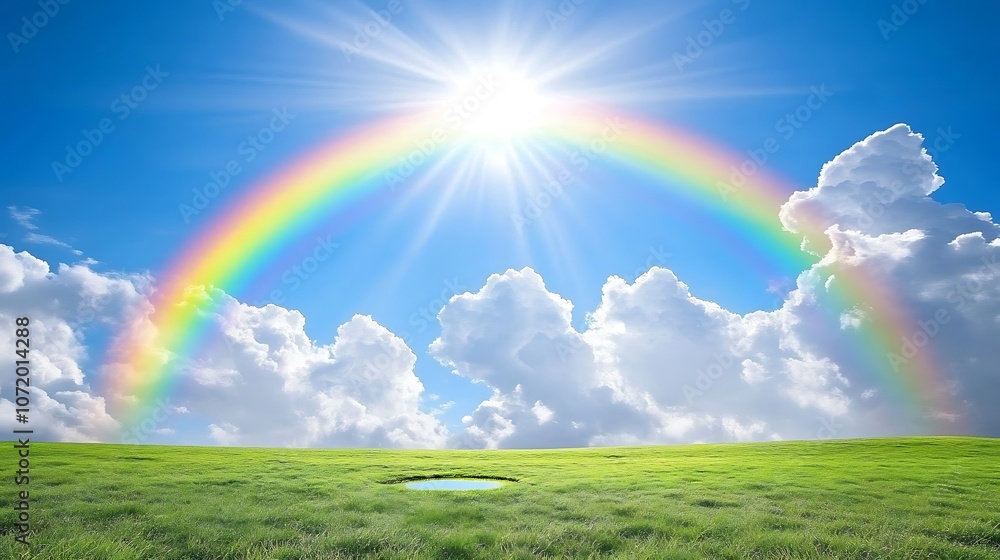 A vibrant rainbow arches over a green field with a small puddle of water in the foreground, under a bright blue sky with fluffy clouds and a shining sun. A vibrant rainbow arches over a green field with a small puddle of water in the foreground, under a bright blue sky with fluffy clouds and a shining sun.