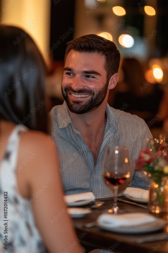 Handsome man enjoying a pleasant dinner conversation at a stylish restaurant Handsome man enjoying a pleasant dinner conversation at a stylish restaurant
