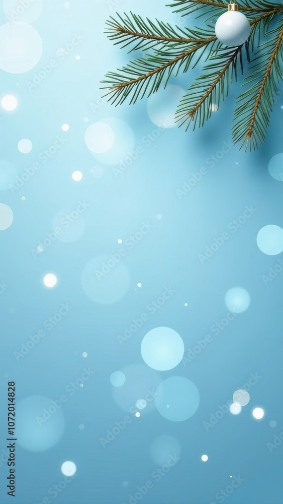 Christmas tree branch with white balls on a blue background with beautiful bokeh Christmas tree branch with white balls on a blue background with beautiful bokeh