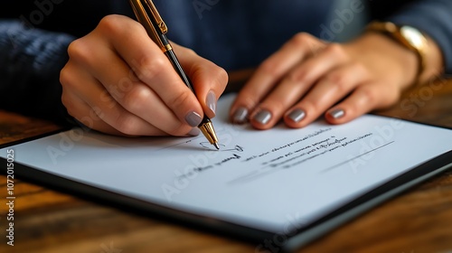 A woman's hand signing a document with a pen.