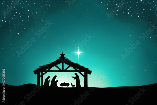 Mary joseph and baby jesus in silhouette with a vibrant turquoise and emerald green twilight sky, Ai Generated