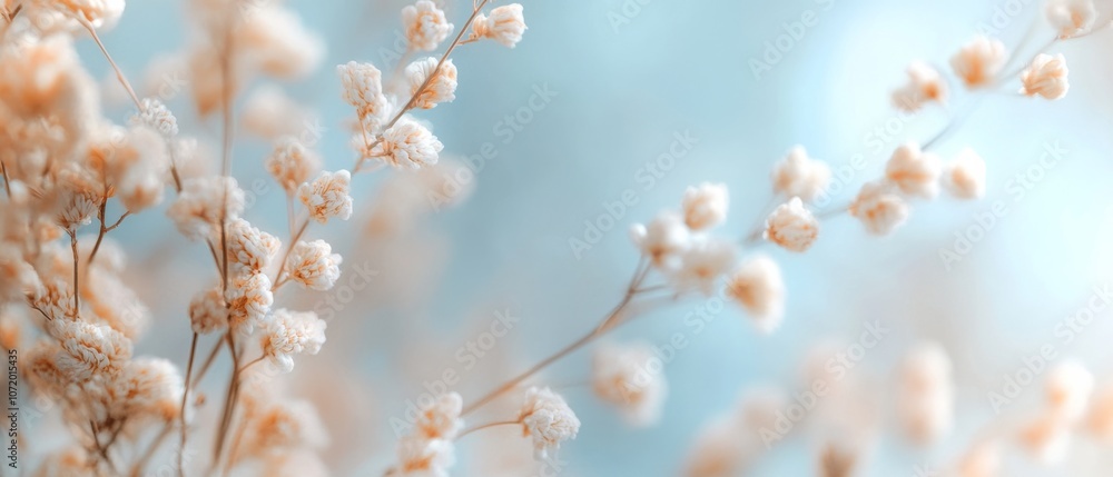 Delicate white flowers on thin branches set against a soft blue background create a dreamy, serene atmosphere. Delicate white flowers on thin branches set against a soft blue background create a dreamy, serene atmosphere.