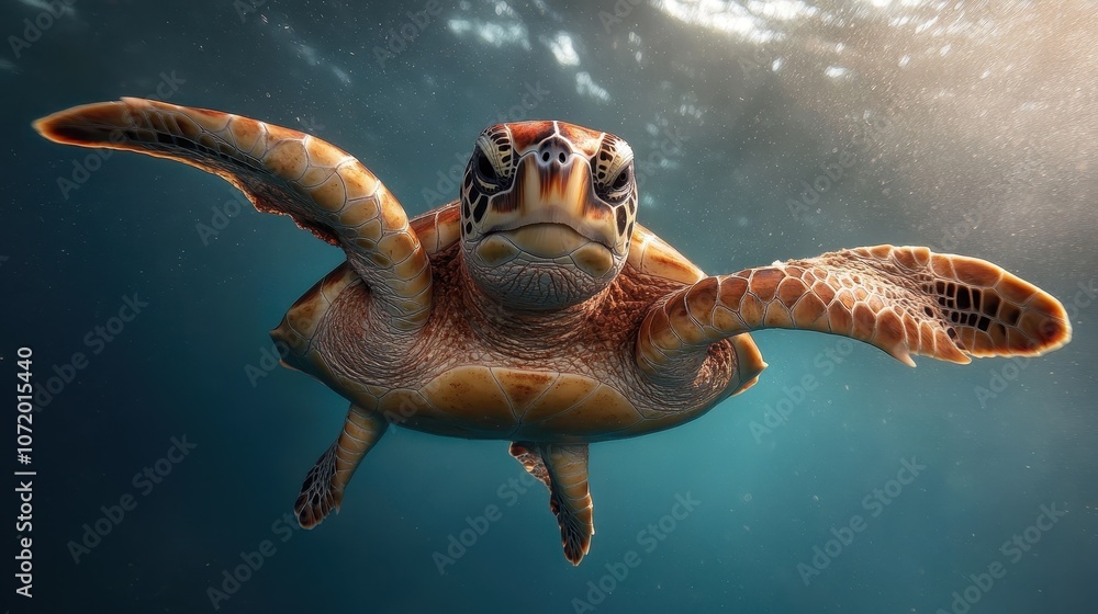 Obraz premium A close-up of a sea turtle swimming gracefully underwater, highlighted by the sun's rays, showcasing its detailed patterns and serene aura in the vast ocean.
