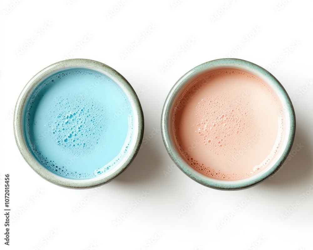 Two vibrant bowls filled with colorful liquid, one blue and one pink, on a white surface. Two vibrant bowls filled with colorful liquid, one blue and one pink, on a white surface.