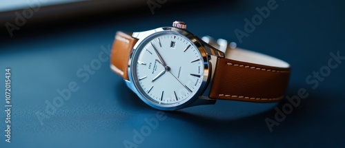 Wallpaper Mural A classic wristwatch with a leather band rests elegantly against a soft, blue background, suggesting timeless sophistication. Torontodigital.ca