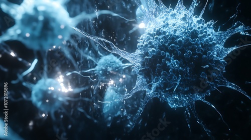 Abstract 3D rendering of a blue cancer cell in a dark background.