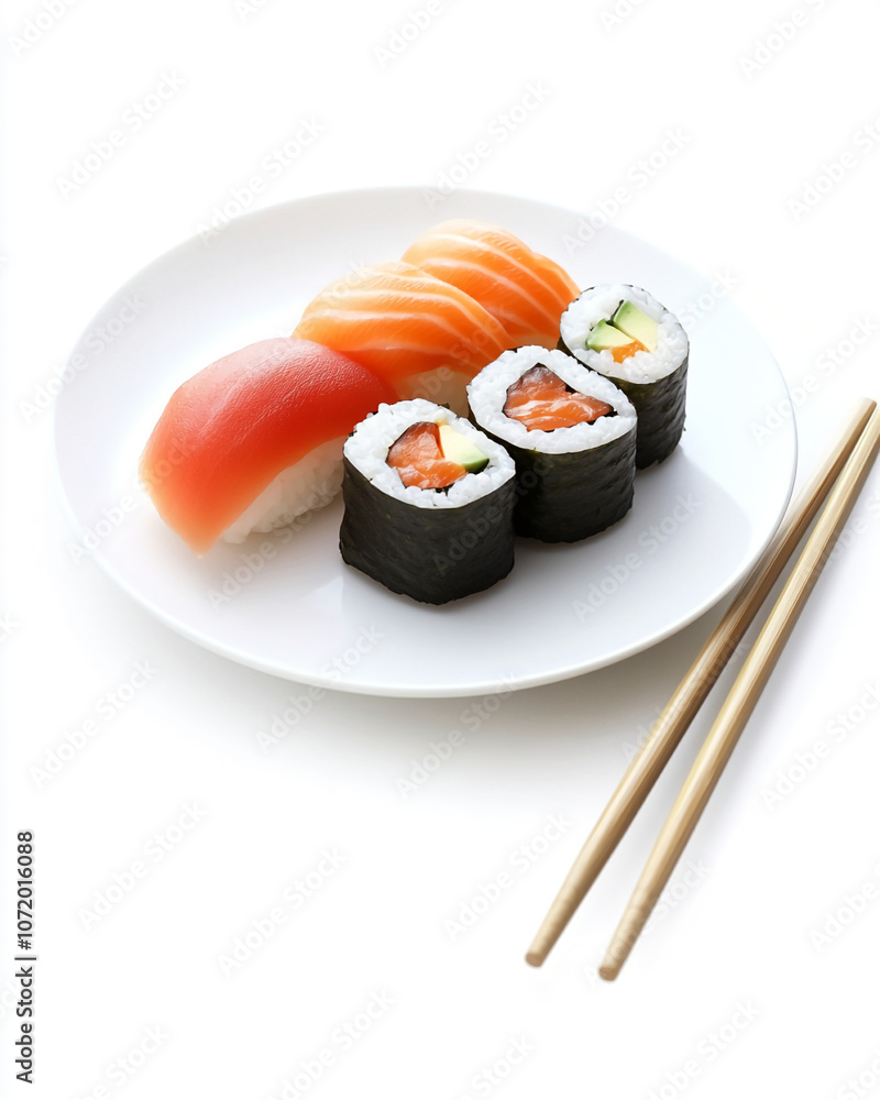 A plate of sushi with salmon, a piece of nigiri, and chopsticks on a white background A plate of sushi with salmon, a piece of nigiri, and chopsticks on a white background