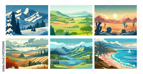 Scenery landscape. Desert, sea, valley field with water, snowy Alps, scenic spring. Nature of mountains, clouds in sky, dry cactus, snow. Different environment. Vector cartoon flat illustration set