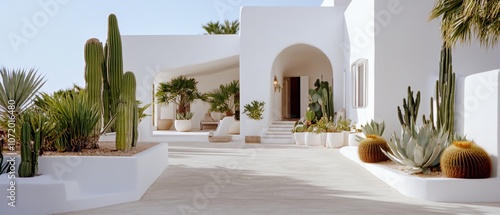 A pristine white courtyard with archways and cacti captures the essence of Mediterranean architecture, exuding elegance and airy tranquility under the bright sun. photo