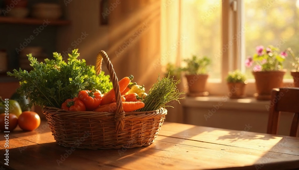 A Basket Full of Fresh, Colorful Veggies, A Still Life Photo A Basket Full of Fresh, Colorful Veggies, A Still Life Photo
