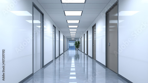 Wallpaper Mural Empty office corridor with fluorescent lighting and plant Torontodigital.ca