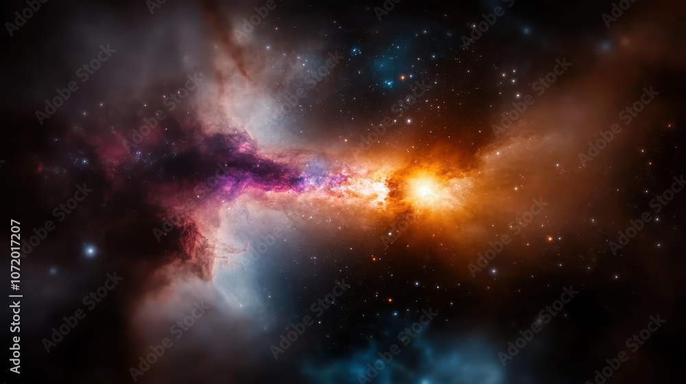 Obraz premium A vibrant depiction of a cosmic nebula, glowing with colorful gases and numerous stars, representing the vast and mysterious beauty of the universe.