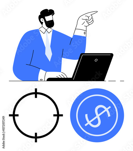 Businessman pointing while using a laptop, accompanied by target and dollar sign symbols. Ideal for business strategy, financial planning, goal setting, leadership, marketing, entrepreneurship