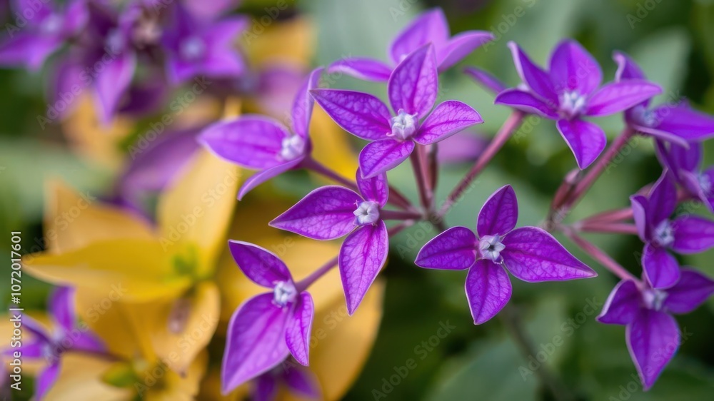 A close-up shot of vibrant purple flower petals and leaves, plant, purple petals, leaves