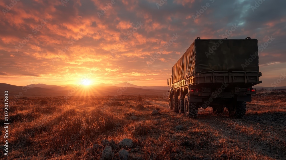 Obraz premium A military truck is shown parked on a rugged landscape during a vibrant sunset, symbolizing strength, journey, and the poignant beauty of endings and beginnings.