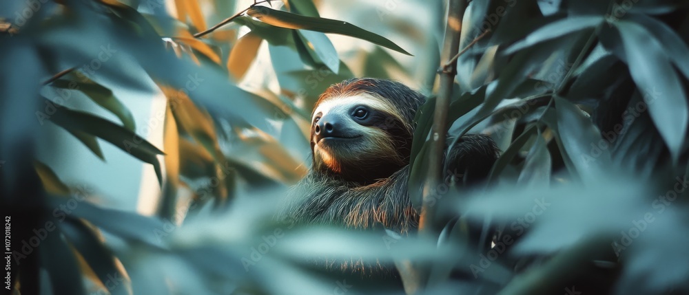 Fototapeta premium A sloth peeks through lush green foliage, enjoying the tranquility of its natural habitat, bathed in soft, diffused light.