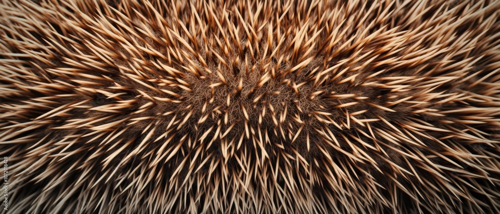 Close-up of hedgehog spines, displaying a mesmerizing, textural pattern with varying shades of brown and beige. Close-up of hedgehog spines, displaying a mesmerizing, textural pattern with varying shades of brown and beige.