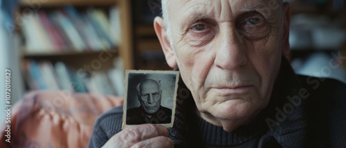 Elderly man holding an old photograph, his face reflecting a lifetime of memories and emotions. photo