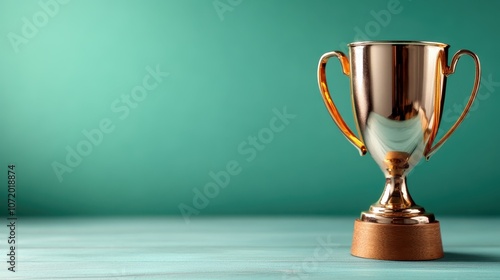 An elegant image of a shining golden trophy standing proudly on a wooden base set against a teal background, symbolizing achievement and success in competitions.