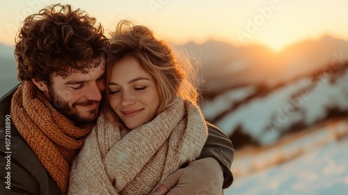 A loving couple enjoys a warm embrace against the stunning backdrop of a snowy mountain landscape, basking in the golden glow of the setting sun. photo