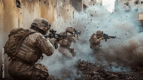 Intense standoff in urban warfare  soldiers in tactical gear amidst smoke and debris photo