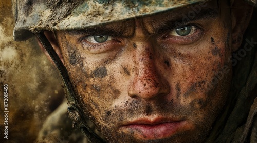 Intense close up of a soldier s face capturing fatigue and resolve amidst signs of conflict photo