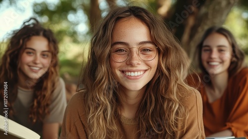 A young woman with wavy hair and glasses smiles into the camera, with two more friends smiling in the background, capturing a moment of pure joy and camaraderie. photo