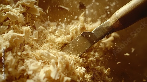 27. Birdâ€™s-eye view of a chisel cutting through wood, with the wooden shavings in focus